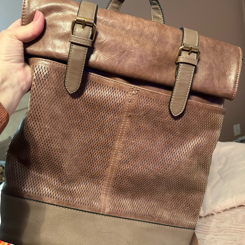 Textured Roll-Top Brown Women's Backpack